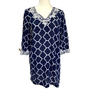 Lands End Navy Blue White Trellis Embellished Trim Swim Cover Up Tunic Small 6 8